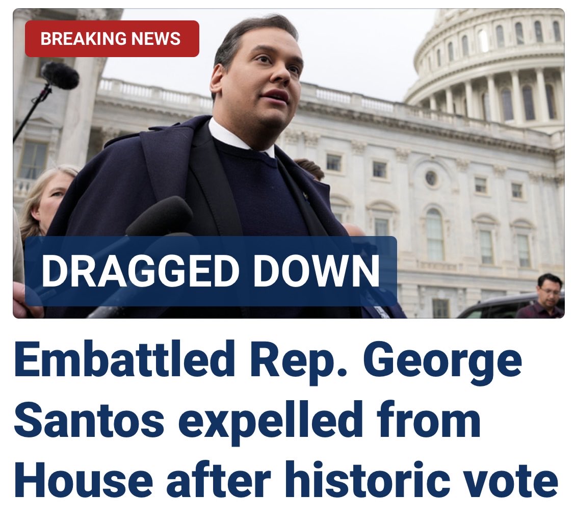 I don’t support Santos but to expel him while the GOP has a frail “majority” is stupid. No one is beyond reproach because they all suck but what about ⁦@RepAdamSchiff⁩, ⁦@ericswalwell⁩ or ⁦@RashidaTlaib⁩ among others? GOP are cowards & stooges. #FedUp.