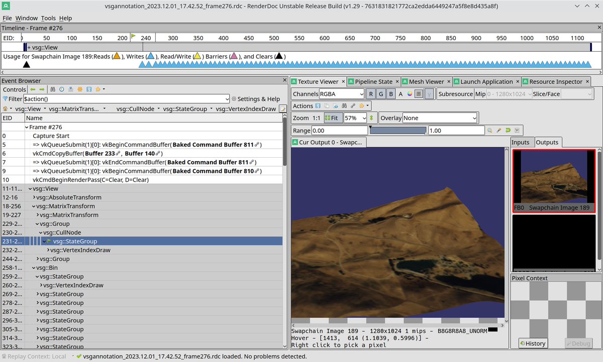 RobertOsfield's tweet image. Thanks to @timoore33 the #VulkanSceneGraph now VK_debug_utils support, which enables adding scene graph information into the #Vulkan API layer as well @RenderDoc.  Tim writes up the work on the forum:

github.com/vsg-dev/Vulkan…

I&apos;ve built upon this with my own experiments: