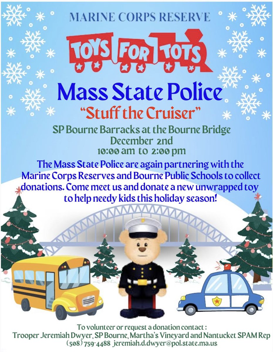 MassStatePolice's tweet photo. If you're on or around the Cape tomorrow, please consider dropping by! @ToysForTots_USA #bournema #SeasonOfGiving #stuffthecruiser https://t.co/sbe7AosKpf