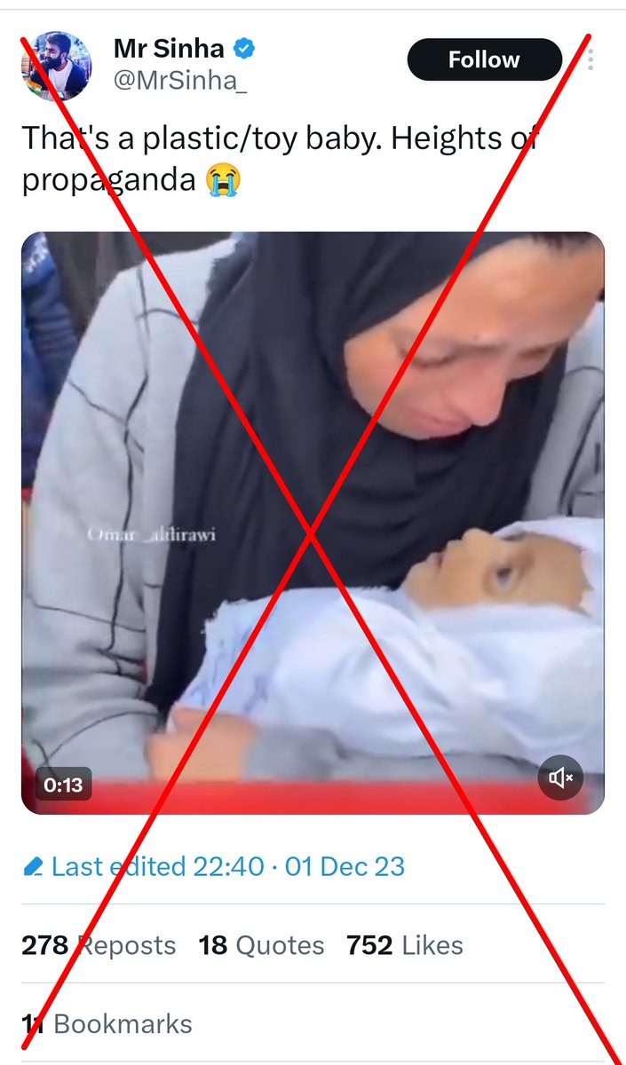zoo_bear's tweet photo. It's not a Doll as claimed by Indian Right Wing account @mrsinha.  This is a dead body of a 5-month-old baby named Muhammad Hani Al-Zahar killed after Israeli airstrikes.  They've carefully blurred the text in the video. These accounts know that it's a baby. But they are more interested in @X advertisement money.