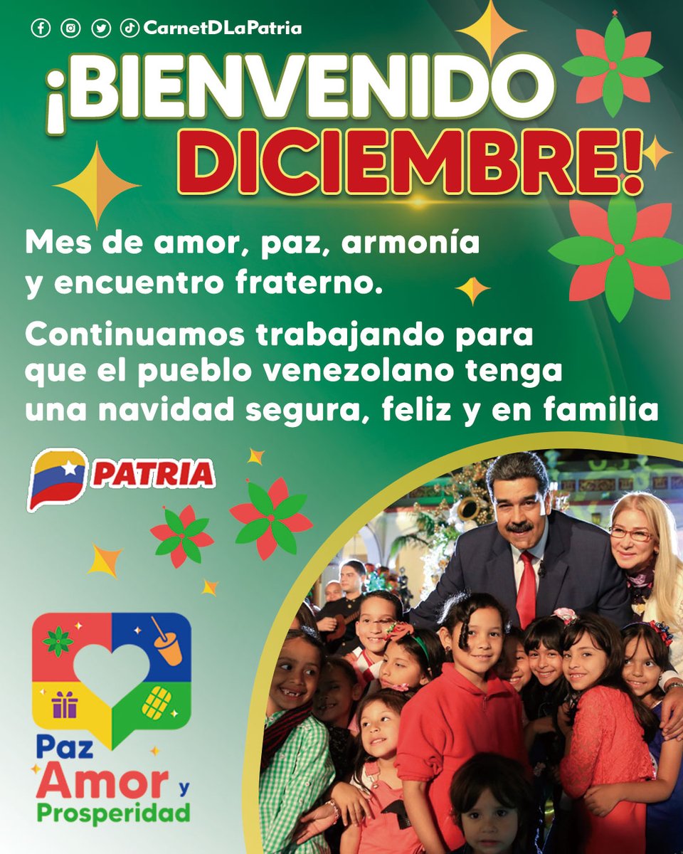 CarnetDLaPatria's tweet photo. ¡Bienvenido Diciembre!
El mes donde se renuevan las esperanzas, el reencuentro, el amor, las alegrías y añoranzas.
Tiempo de celebrar por lo que se logró y brindar por lo que vendrá.

#RumbeaPorElEsequibo #1Dic https://t.co/oeaNNicyuC