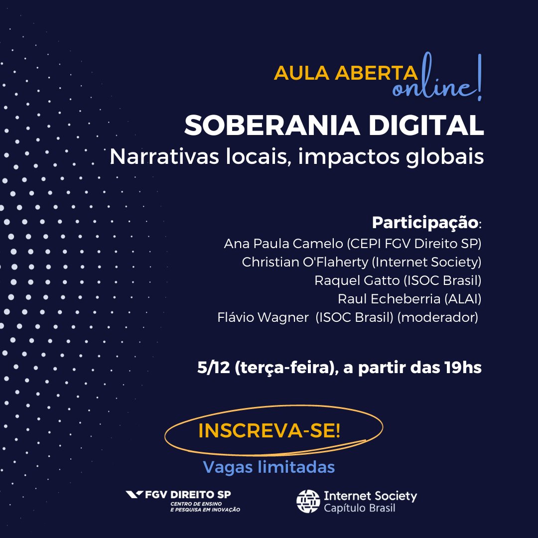 Na próxima terça, dia 5 de dezembro de 2023 - às 19horas - realizaremos um evento final do curso livre “Soberania digital: Conceitos, perspectivas e impactos para a Internet no Brasil”., aberto ao público.
🔗 Saiba mais e inscreva-se através do link: lnkd.in/dVqrJk_K