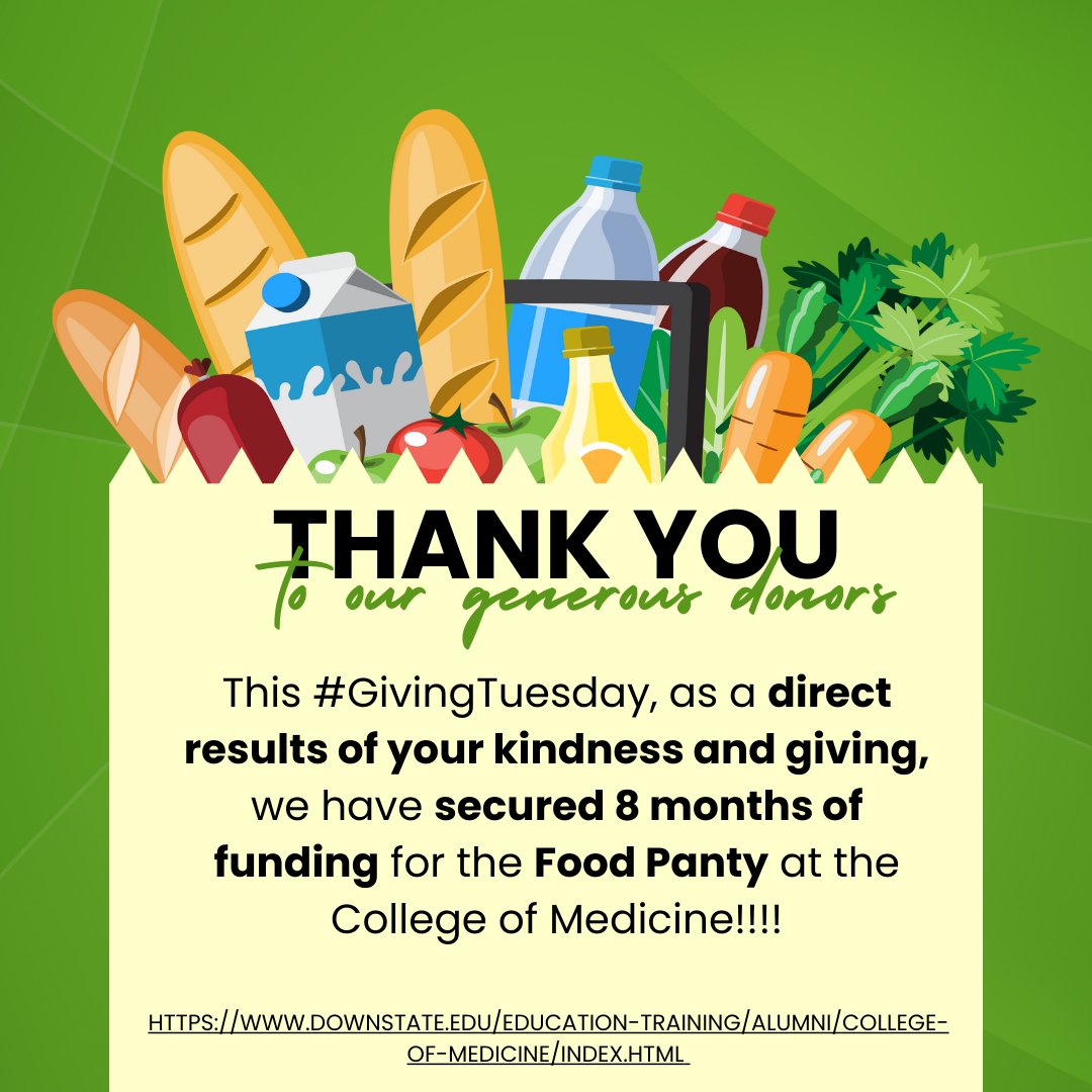 For #GivingTuesday, the @DownstateAlumni focused its efforts on fundraising for the Food Pantry. It's Hard to Succeed on an Empty Stomach. We are proud to announce that as a direct result of the kindness and donations, we have secured 8 months of funding for the Food Pantry!