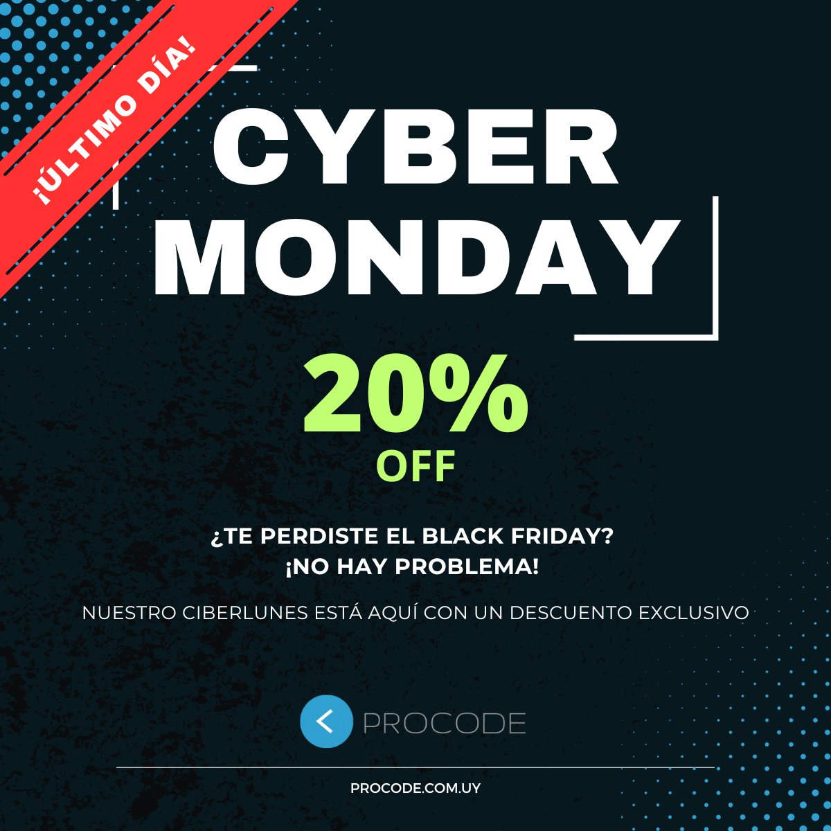 ProcodeUY's tweet image. ¡ULTIMO DÍA! ¿Te perdiste el Black Friday? ¡No hay problema! Nuestro Ciberlunes está aquí con un descuento exclusivo. 20% off en diseño web. Oferta válida hasta el viernes 1 de Diciembre. #CyberMonday #cybermondayuruguay #CyberMonday2023 #diseñoweb #Promocion #Oferta