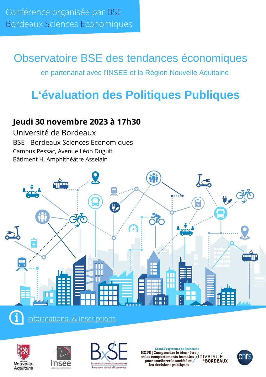👏La 2ème édition de l’Observatoire BSE des tendances économiques sur le thème de l’Evaluation des politiques publiques a réunie hier près de 150 personnes à <a href="/BSE_Bordeaux/">BSE</a> 
🙏 Merci à nos partenaires, <a href="/NvelleAquitaine/">Nouvelle-Aquitaine</a> <a href="/Insee_NA/">Insee Nouvelle-Aquitaine</a>, invités et chercheurs BSE !
👋RDV l’an prochain