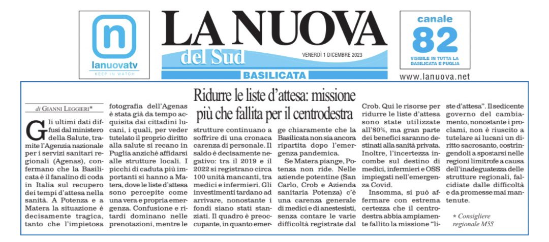 LeggieriBas's tweet photo. Per @Agenas_Salute la Basilicata è il fanalino di coda in Italia sul recupero dei tempi d’attesa nella sanità.

Missione fallita per il centrodestra lucano, che pensa ai bonus e si dimentica dei problemi veri.
•
•
#giannileggieri #sanità #sanitapubblica #centrodestra #M5S https://t.co/rHrMr5peSH