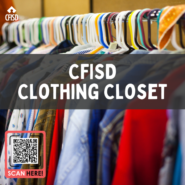 CFISD students are welcome to visit the CFISD Clothing Closet every Tuesday and Thursday between 11 a.m. and 3:30 p.m. 🛍️ This program provides free, gently used clothes and shoes for CFISD students. Registration is required. #CFISDspirit cfisd.net/Page/7008