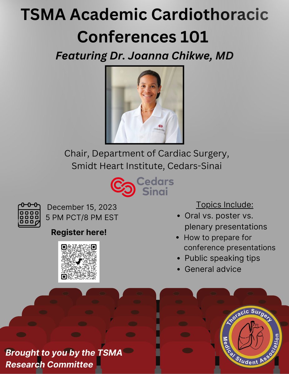 ThoracicStudent's tweet photo. New event alert! If you have not already, be sure to sign up for our #AcademicCTConferences101 session December 15 with @JoChikweMD @CedarsCTSurgery 
We will review tips and tricks for having a successful conference experience before #STS2024! Sign up at https://t.co/WX1nZAsm5W https://t.co/MmKfCb9ieR
