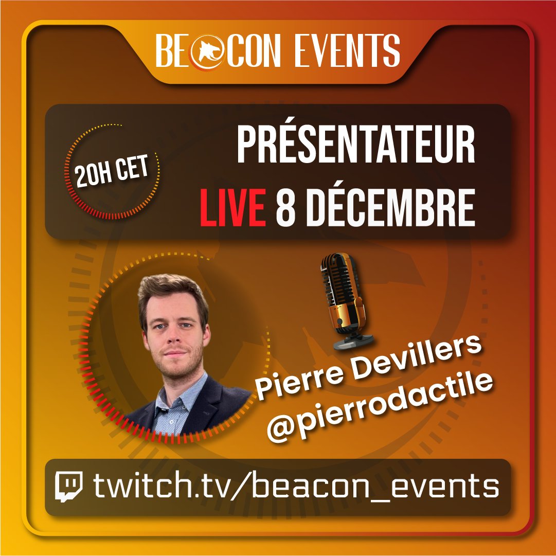 Pierre Devillers /<a href="/Pierrodactile/">Pierre Devillers</a>, présentateur de l'émission #Gamein sur @RTC_Tele_Liege, nous fera l'honneur de présenter avec <a href="/IGotYB/">IGotYB</a> notre live RoadToBE@Con 2024 du 8 Décembre ! 🤩