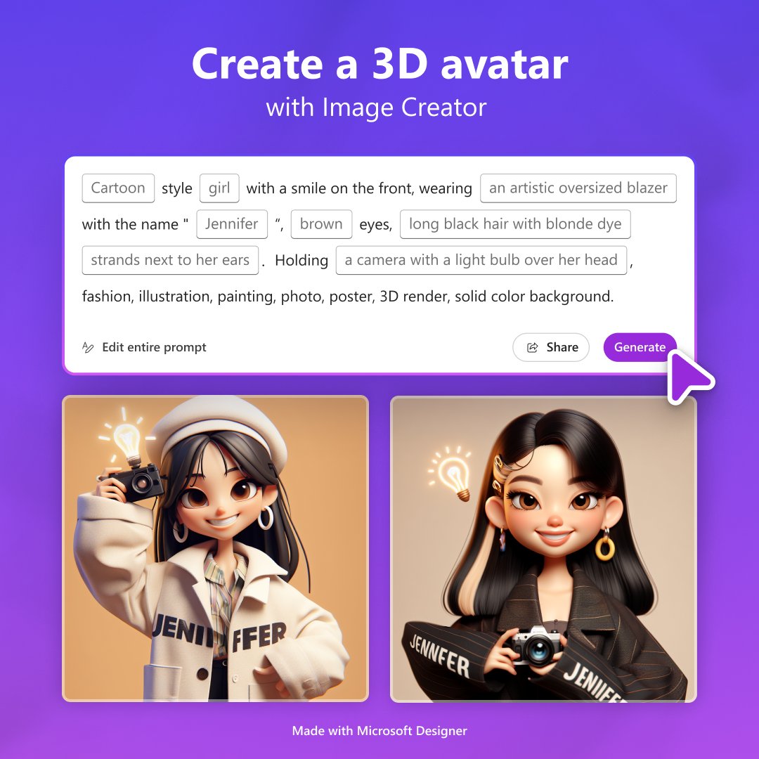 Create your 3D avatar! Try this fun and easy way to design yourself with AI. Watch the how-to video in the thread below to learn more. We can't wait to see your designs! Use this template to get started: msft.it/6011i3oKc #MicrosoftDesigner