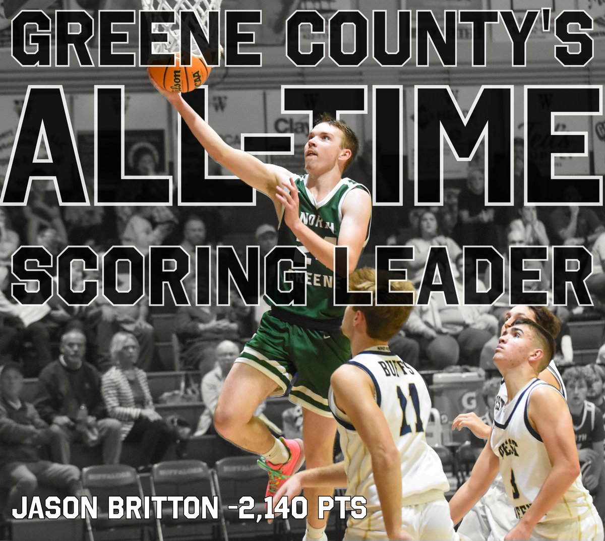 Last night in a 75-56 win over West Greene Jason Britton of North Greene became the All-Time leading scorer in Greene County boys basketball history with 2,140 career points.
He passed Greeneville's Jakobi Gillespie who had 2,129.