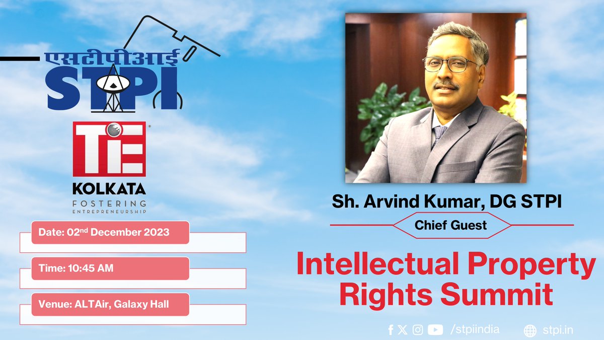 stpi_kolkata's tweet photo. Sh. Arvind Kumar, DG #STPIINDIA, will be the Chief Guest at TiE Kolkata #IPRSummit delivering an address to the audience as part of the Welcome session.

@arvindtw @stpiindia @TiEKolkataa

🗓 2nd December 2023
🕤10:45 AM
📍ALTAir, #Kolkata https://t.co/9hZNAOPRgX