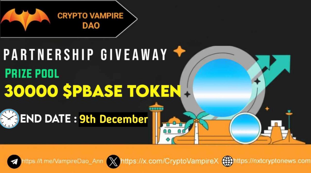 CryptoVampireX's tweet photo. 🔥🔥Crypto Vampire Dao X Base Parody Massive #Giveaway

🏆Prize Pool - 30000 $PBASE 🔥 

To Enter🫴
✅Follow @CryptoVampireX & @base_parody
✅❤️,RT & Tag 3 Friend
✅FINISH Task : https://t.co/TKpxQw3eZv

⏰9th December
#Airdrop #Giveaways #AirdropAlert #Arbitrum  #Bybit  #Airdrops #ChatGPT #Base #CryptoCommunity #zkSync
 #Crypto #DAO #Cryptomarketing #USDT #DeFi #FCFS #Tether #BNB  #cryptocurrencies  #trading  #NFTCommmunity #GOAT𓃵