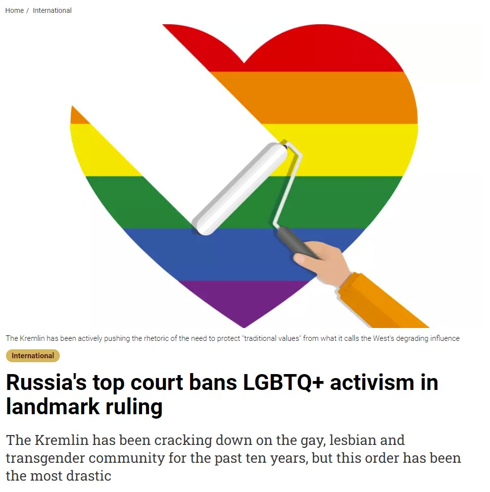 Russia continues to push for the elimination of LGBTQ+ people.

It has already banned LGBTQ+ displays in public, taken kids from trans people, annulled marriages, and more.

Now, activism for LGBTQ+ rights is itself outlawed.

Republicans in the US use these laws as inspiration.