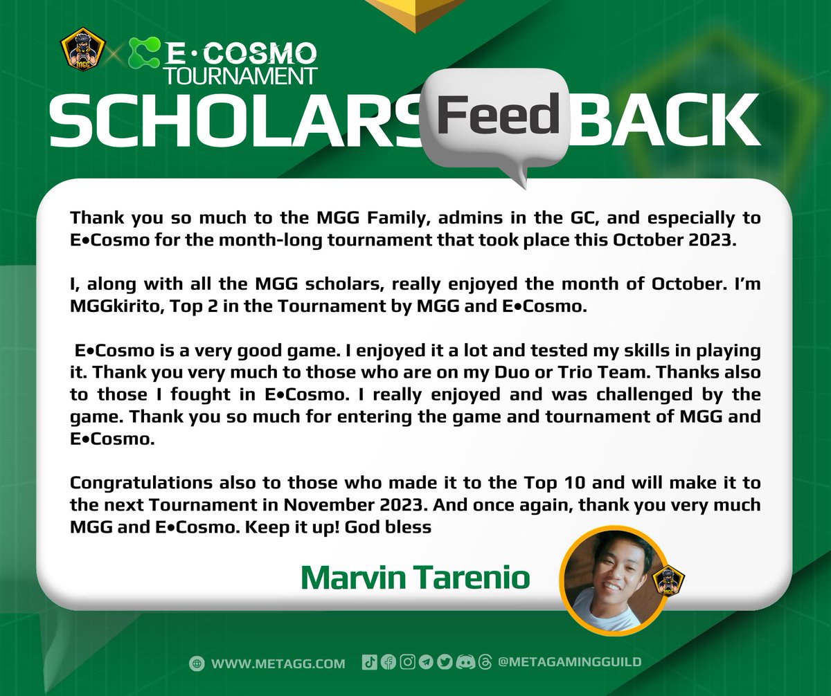 MetaGamingGuild's tweet photo. 🗣️ Scholars’ Feedback 🔛 MGG x E•Cosmo Tournament
Let’s hear it from our MGG scholars! See what they've got to say about the game, and best of luck to all aiming to be on the November @E__Cosmo Leaderboard! 🚀
#ECosmo #MGG #metagamingguild #esports #tournament #GamerFeedback https://t.co/Eh8HAmHnQs