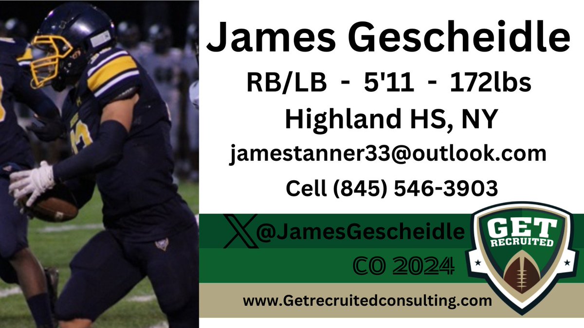 Get Recruited (@get__recruited) on Twitter photo James Gescheidle - CO 2024 - RB/WR/DB - 5'10 170lbs - 4.0 GPA - Quick, Athletic, Explosive, Fast, and Smart. Highland High School, NY - Profile: getrecruitedconsulting.com/recruit/james-โฆ <a href="/UnionCollegeFB/">Union College Football</a> <a href="/RPIFootball/">๐๐๐ฃ๐จ๐จ๐๐ก๐๐๐ง ๐๐ค๐ค๐ฉ๐๐๐ก๐ก</a> @Bades_Football <a href="/Colby_Football/">Colby Football</a> <a href="/GburgFB/">Gettysburg College Football</a> <a href="/GoMVB/">GoMVB Get Seen. Get Serious. Get to the Next Level</a> <a href="/JamesGescheidle/">James Gescheidle</a> #coach James Gescheidle - CO 2024 - RB/WR/DB - 5'10 170lbs - 4.0 GPA - Quick, Athletic, Explosive, Fast, and Smart. Highland High School, NY - Profile: getrecruitedconsulting.com/recruit/james-โฆ <a href="/UnionCollegeFB/">Union College Football</a> <a href="/RPIFootball/">๐๐๐ฃ๐จ๐จ๐๐ก๐๐๐ง ๐๐ค๐ค๐ฉ๐๐๐ก๐ก</a> @Bades_Football <a href="/Colby_Football/">Colby Football</a> <a href="/GburgFB/">Gettysburg College Football</a> <a href="/GoMVB/">GoMVB Get Seen. Get Serious. Get to the Next Level</a> <a href="/JamesGescheidle/">James Gescheidle</a> #coach