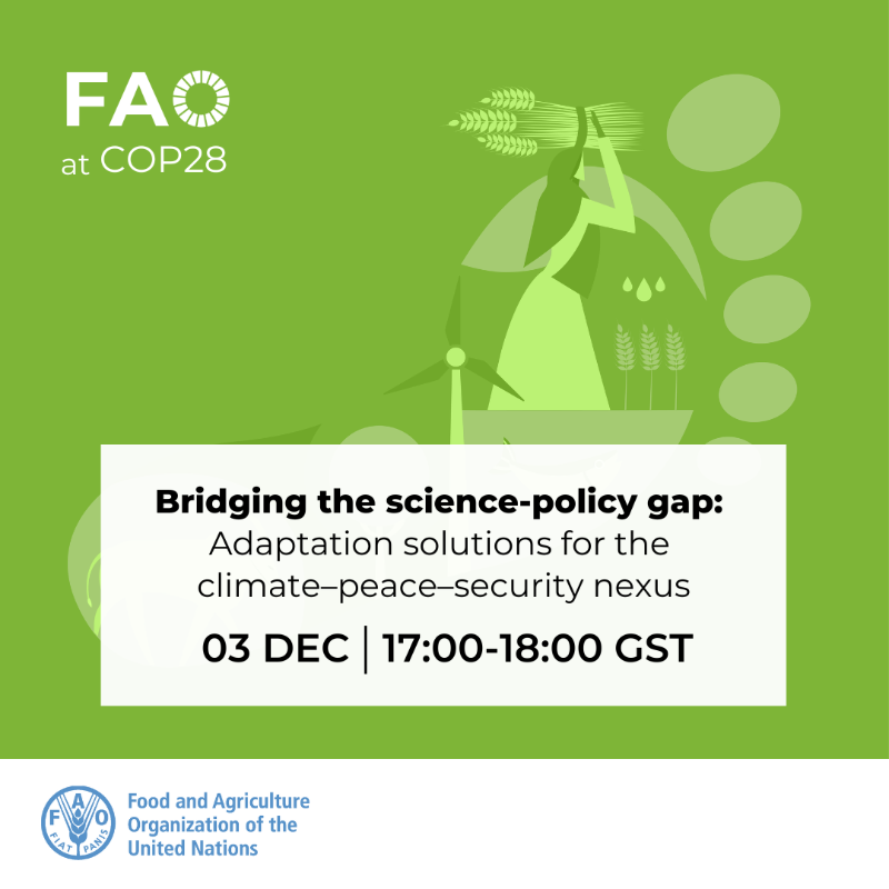 #HappeningSoon | As #ClimateChange impacts continue to interact with a mix of pre-existing risks and vulnerabilities, the need for conflict-sensitive and peace-positive adaptation is clear.

Tune in to this #COP28 event led by <a href="/CGIAR/">CGIAR</a> for more.

Bit.ly/49Y3rzu