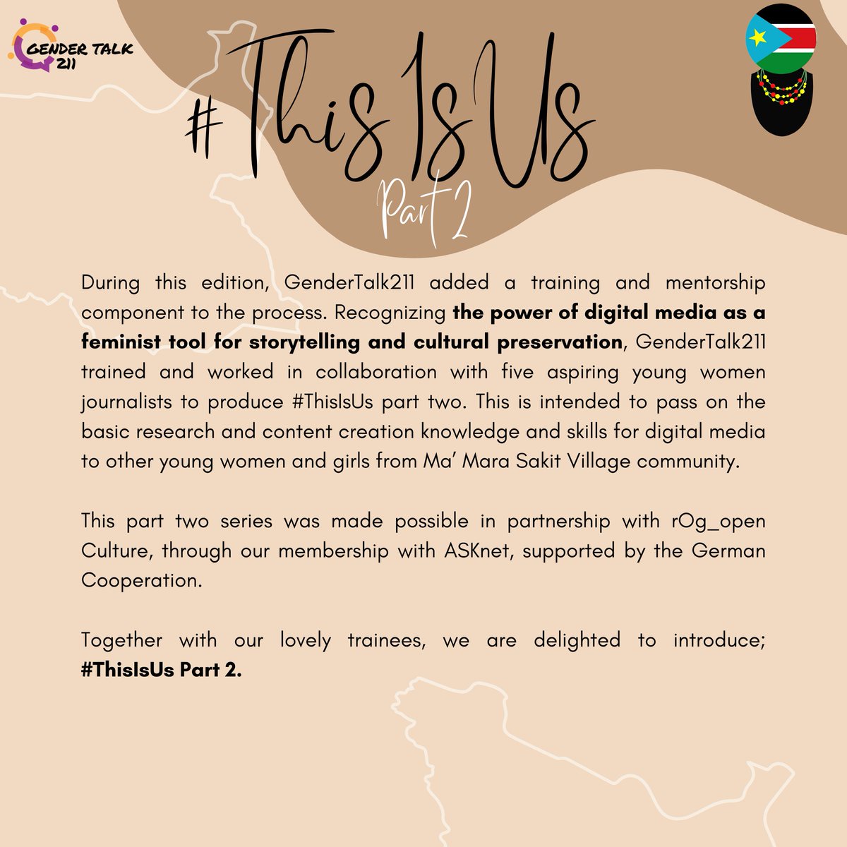 This curation will feature 9 unique South Sudanese women and girls' cultural attires, with a special emphasis on minority communities. Thanks to our partner @intertwilight through @_asknet for making  this second edition possible #SSOT