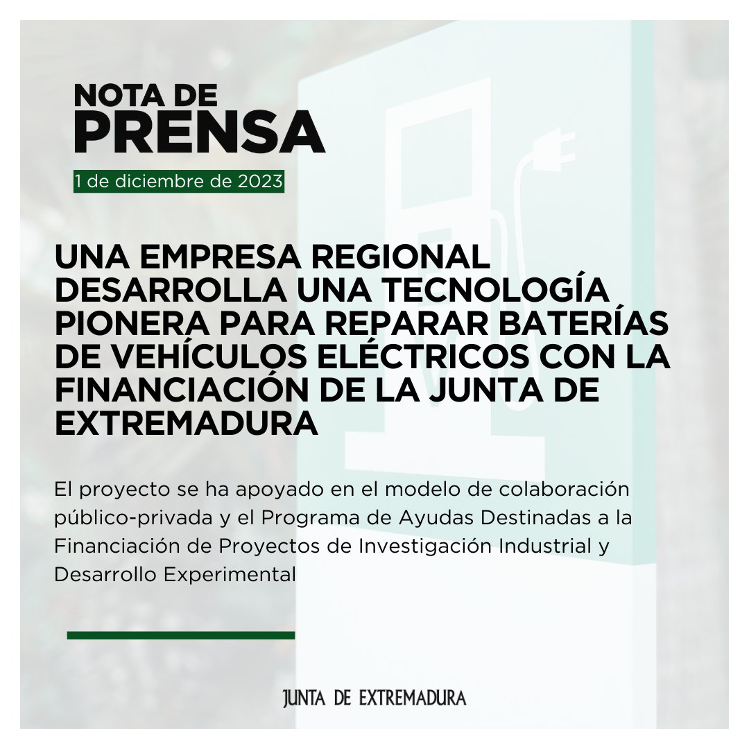 Una empresa regional desarrolla una tecnología pionera para reparar baterías de vehículos eléctricos gracias a la financiación de la Junta de Extremadura.

📲 <a href="/econoempleoEXT/">Economía, Empleo y Transformación Digital</a> <a href="/educacionEXT/">Educación, Ciencia y Formación Profesional</a>  <a href="/FundecytPCTEX/">FUNDECYT-PCTEX</a> 

+ info: juntaex.es/w/pctex-bateri…