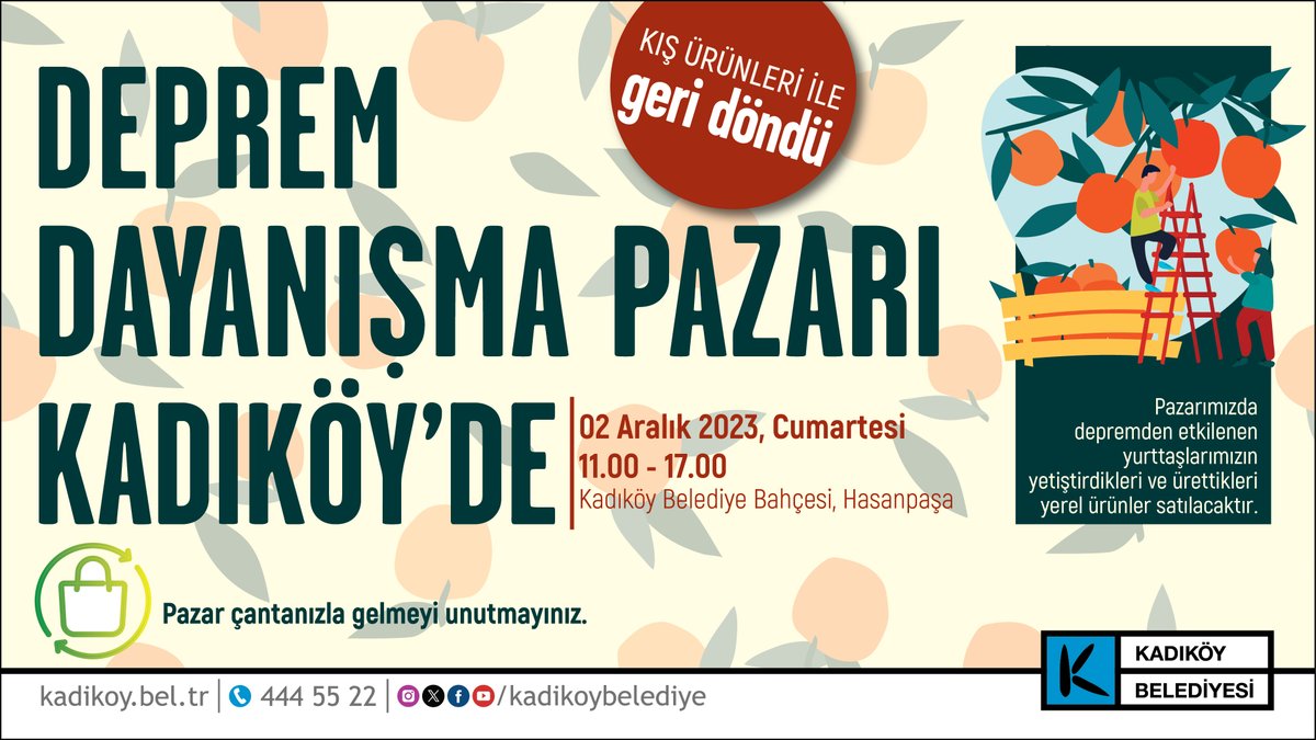 Kadıköy Belediyesi, depremzede çiftçilerin ürettiği ürünleri Kadıköy’e getirerek deprem dayanışma pazarları kurmaya devam ediyor. Pazardan elde edilen tüm gelir, depremden etkilenen üreticilere gönderiliyor.  2 Aralık Cumartesi günü Kadıköy Belediyesi bahçesinde kurulacak.