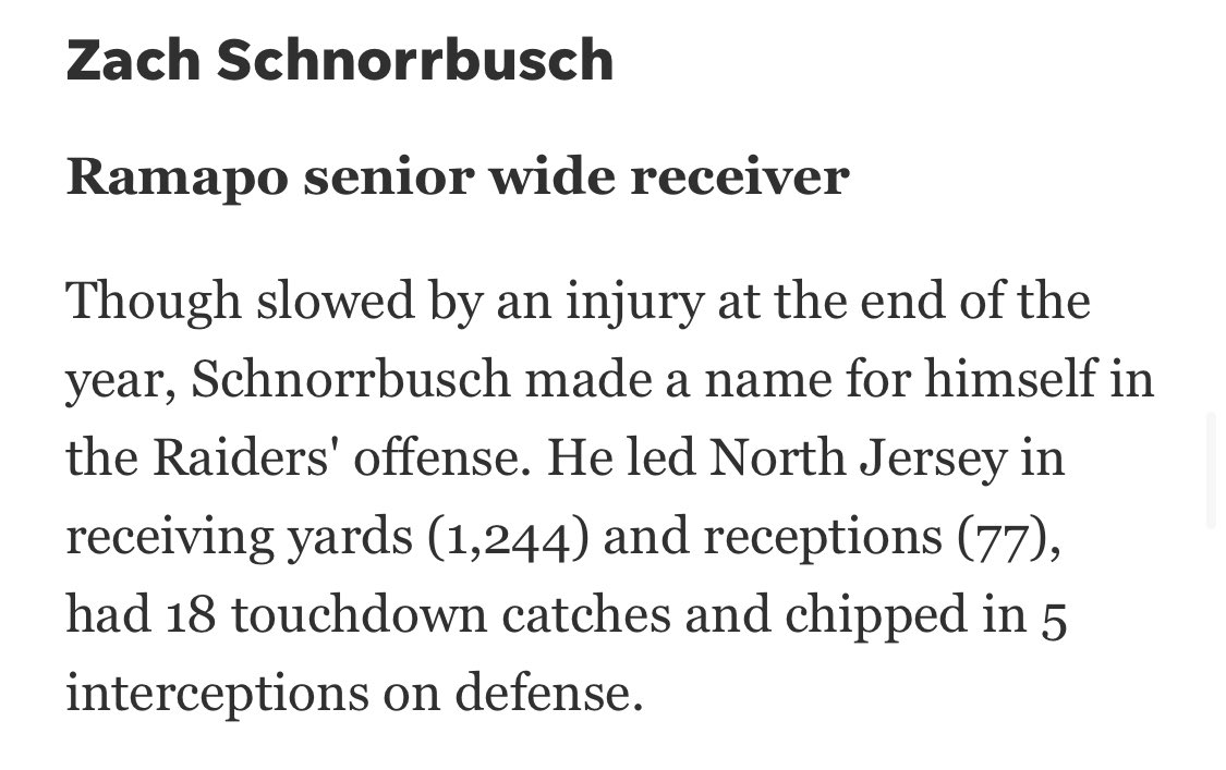 Zach Schnorrbusch (@zschnorrbusch17) on Twitter photo Proud to be recognized as a first team All-North Jersey selection.
<a href="/RamapoFootball/">𝐑amapo Football</a> <a href="/CoachMikeDeFaz/">Mike DeFazio</a> Proud to be recognized as a first team All-North Jersey selection.
<a href="/RamapoFootball/">𝐑amapo Football</a> <a href="/CoachMikeDeFaz/">Mike DeFazio</a>