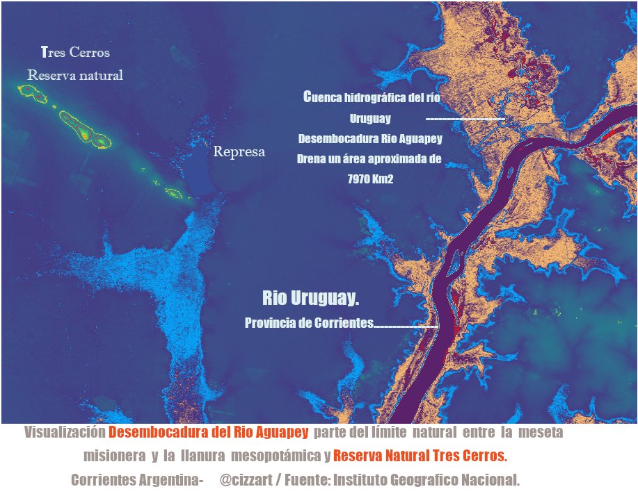 qgises's tweet photo. ¡Volvemos a la carga con una nueva entrega de mapas hechos con QGIS!

En esta entrega, os traemos un mapa de la cuenca hidrográfica del río Uruguay, donde vemos desembocadura del río Aguapey y la Reserva Natural de Tres Cerros, por @cizzart.

#mapas #qgis #softwarelibre https://t.co/sKsxjLGFKe