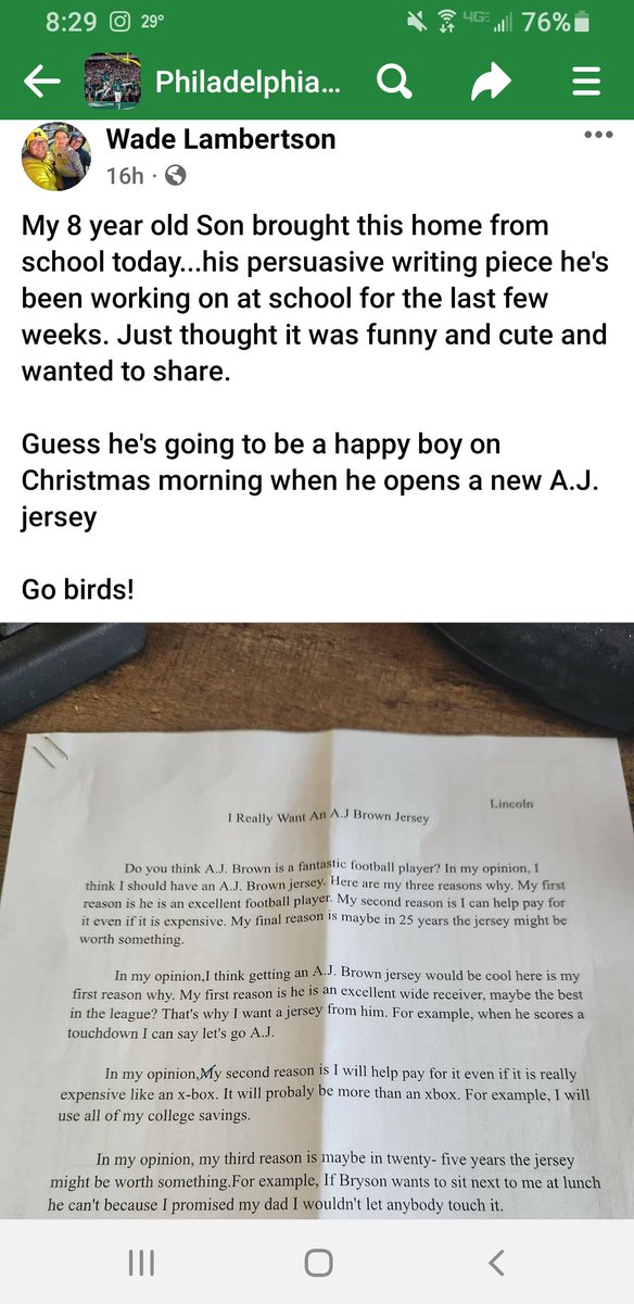Kristinkparks's tweet photo. 8 yo kid wrote a persuasive essay for school on why he should get an #AJBrown jersey for Christmas. Dad came through, would be great for @1kalwaysopen_  &amp; 
 @Eagles to add to this boy's Christmas wish. Orig posted on FB Philadelphia Eagles Fan Group. @JClarkNBCS @BarstoolPhilly https://t.co/DnerE74wU9