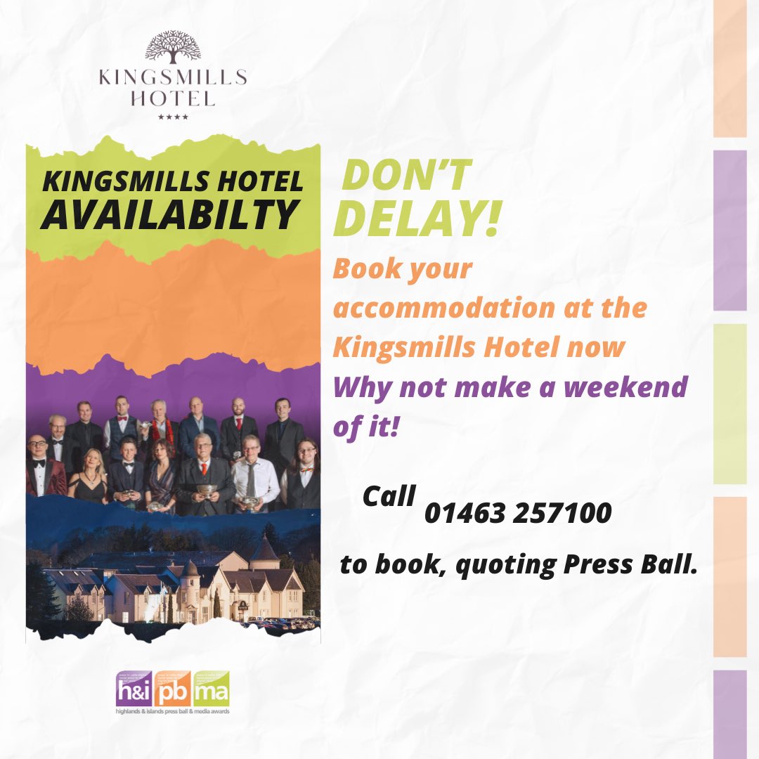 Thursday night: £85 Classic or £105 luxury
Friday/Saturday: £95 Classic or £115 luxury
 
Both include breakfast (rates held till 2.1.24, limited rooms available). Call 01463 257100 to book, quoting Press Ball