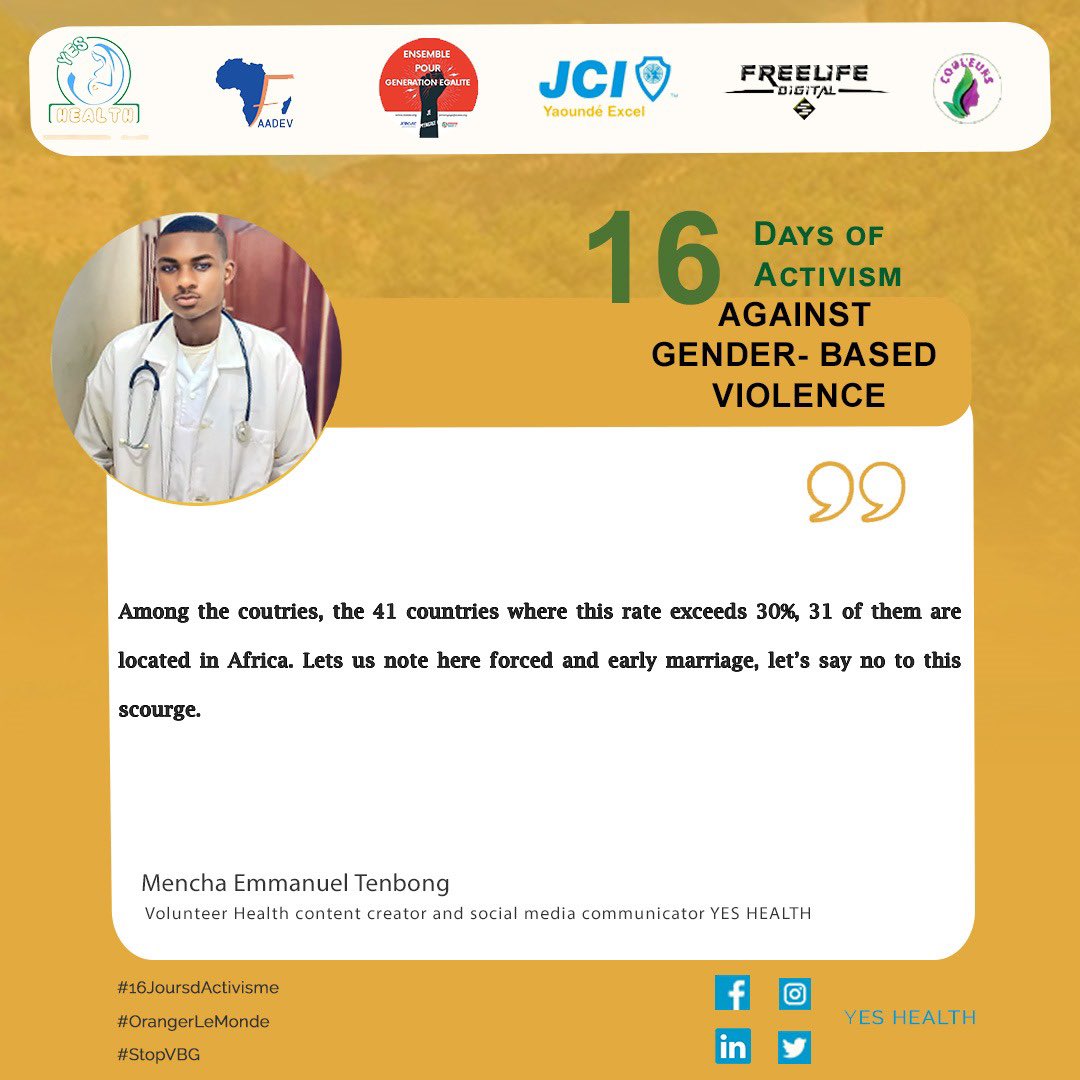 yeshealth1's tweet photo. Let’s act now. Education is the key to prevent forced and early marriage and gender-based violence.
~ @MenchaEmmanuel 
 #16Days #TousUNis #StopGBV #OrangeTheWorld https://t.co/b2sa8xLuyG