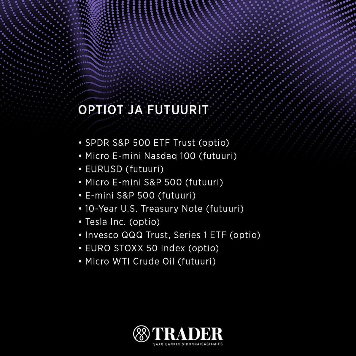 mandatum_trader's tweet photo. Mitkä sijoituskohteet kiinnostivat sijoittajia marraskuussa? ❄️ Katso tästä listat viime kuun vaihdetuimmista kohteista Traderissa.

Kohteet on listattu satunnaisessa järjestyksessä.

#Trader #sijoittaminen #treidatuimmat #osakkeet #optiot #futuurit https://t.co/SZAHDtWG6Q