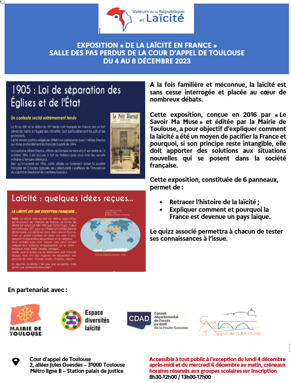 ppcaToulouse's tweet photo. Semaine de la laïcité à la cour d’appel de Toulouse du 4 au 8 décembre 2023 : Venez découvrir l’exposition «de la laïcité en France», organisée dans la salle des perdus de la cour d'appel en partenariat avec la Mairie de Toulouse et accessible à tout public https://t.co/DSgLOzSEou