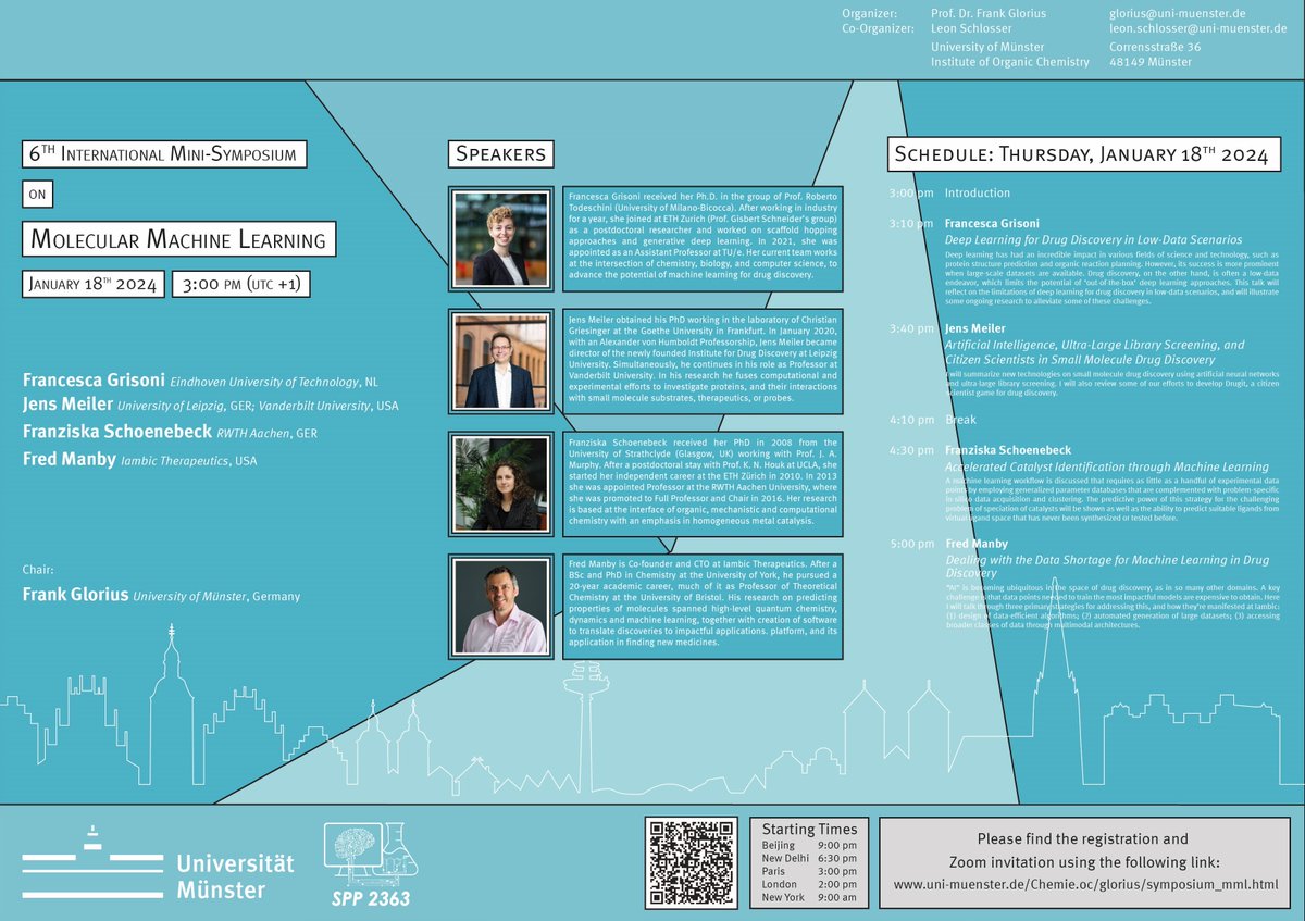 SPP 2363 (@spp2363) on Twitter photo Join us on Jan 18th for the 6th edition of the International Mini-Symposium on Molecular Machine Learning with a fantastic line-up of speakers🥳
<a href="/fra_grisoni/">Francesca Grisoni</a>
<a href="/MeilerLab/">Jens Meiler Lab</a>
<a href="/Schoenebeck_Lab/">Schoenebeck Group</a>
@FredManby
💻Registration open: uni-muenster.de/Chemie.oc/glor…
#Molecluar #MachineLearning #community Join us on Jan 18th for the 6th edition of the International Mini-Symposium on Molecular Machine Learning with a fantastic line-up of speakers🥳
<a href="/fra_grisoni/">Francesca Grisoni</a>
<a href="/MeilerLab/">Jens Meiler Lab</a>
<a href="/Schoenebeck_Lab/">Schoenebeck Group</a>
@FredManby
💻Registration open: uni-muenster.de/Chemie.oc/glor…
#Molecluar #MachineLearning #community
