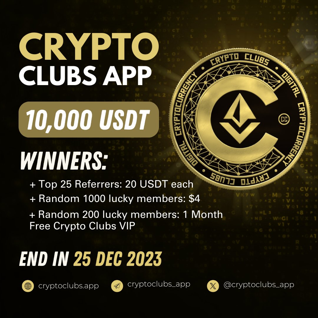 🚀🌟 Join the Crypto Clubs Airdrop Now! 🎉

🎁 Total Reward: $10,000

🏆 Winners:
Top 25 Referrers: $20 each
Random 1000 members: $4
Random 200 members: 1 Month Free Crypto Clubs VIP

🔗Join Now: t.me/cryptoclubs_ai…

🔥 RETWEET, LIKE &amp; COMMENT to enter!