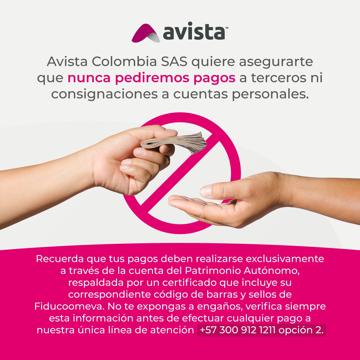 AvistaColombia's tweet photo. ¡Comunidad Avista! 🛡️ Queremos asegurarnos de que estés protegido. Jamás te pediremos pagos a través de terceros. Mantente alerta y si algo te parece sospechoso, avísanos. ¡Tu seguridad es nuestra prioridad! 🚀✨ https://t.co/AD7bgfmVY7