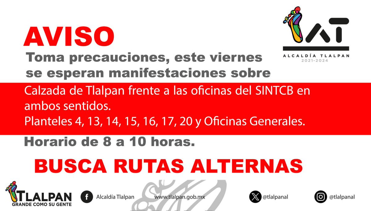 TlalpanAl's tweet photo. ⚠️ ¡#Atención!
Se espera la presencia de manifestantes a la altura del #SINTCB, que afectarán la Calz. de Tlalpan, en ambos sentidos.
🔎Revisa las ubicaciones y 🔄toma rutas alternas. https://t.co/PyZdIT0d25