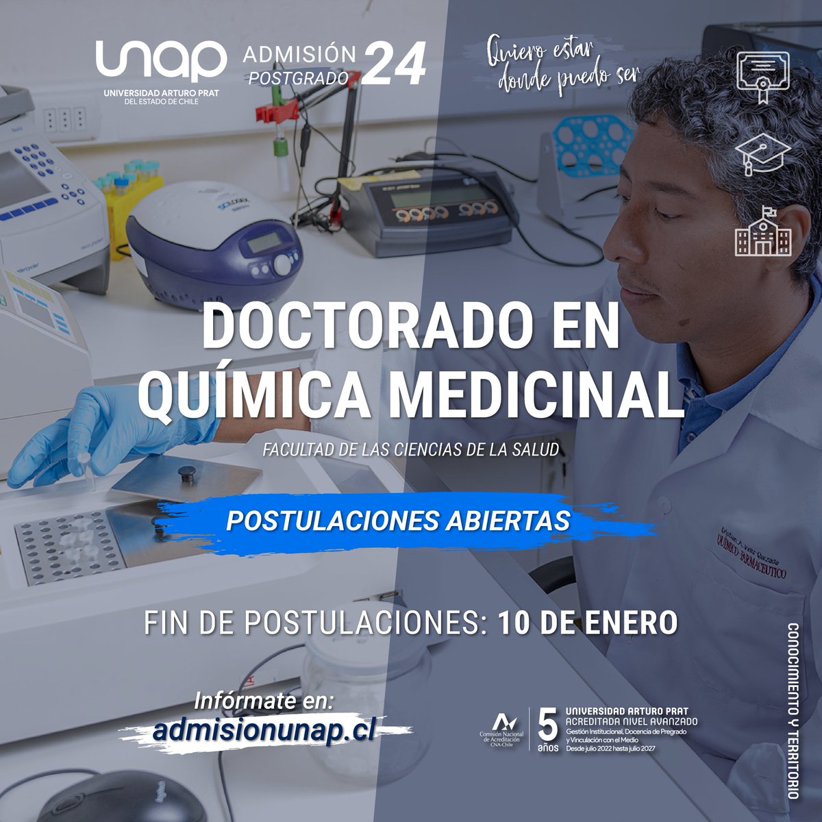 Postula ya al Doctorado en Química Medicinal de la #UNAP.

Este programa tiene el propósito de formar postgraduados que desarrollen investigación científica original y de calidad en el campo de la Química Medicinal.

Postula y conoce más en: bit.ly/3GqQ7pC

#Iquique