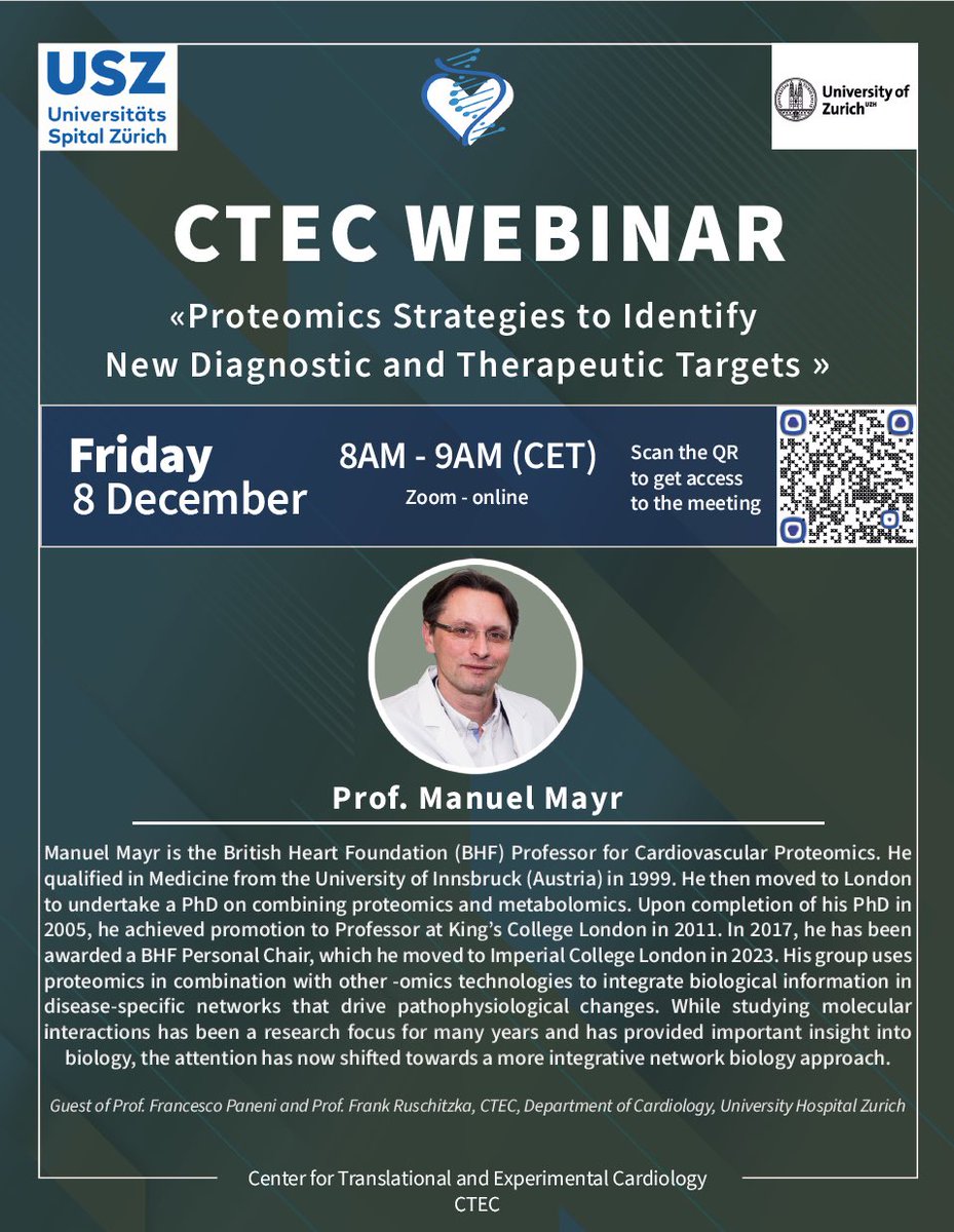 CTEC - Zurich University Heart Center (@ctecresearch) on Twitter photo 📢 Join us on December 8th for a terrific Webinar with Prof. Manuel Mayr, as he dives in proteomic strategies for new diagnostic therapies. Don't miss the chance for an interactive session!🌐Scan below 👇and see you there!👀 <a href="/Unispital_USZ/">Unispital_USZ</a> <a href="/Vascular_Prot/">Manuel Mayr Lab</a> <a href="/imperialcollege/">Imperial College London</a> <a href="/UZH_en/">University of Zurich</a> 📢 Join us on December 8th for a terrific Webinar with Prof. Manuel Mayr, as he dives in proteomic strategies for new diagnostic therapies. Don't miss the chance for an interactive session!🌐Scan below 👇and see you there!👀 <a href="/Unispital_USZ/">Unispital_USZ</a> <a href="/Vascular_Prot/">Manuel Mayr Lab</a> <a href="/imperialcollege/">Imperial College London</a> <a href="/UZH_en/">University of Zurich</a>
