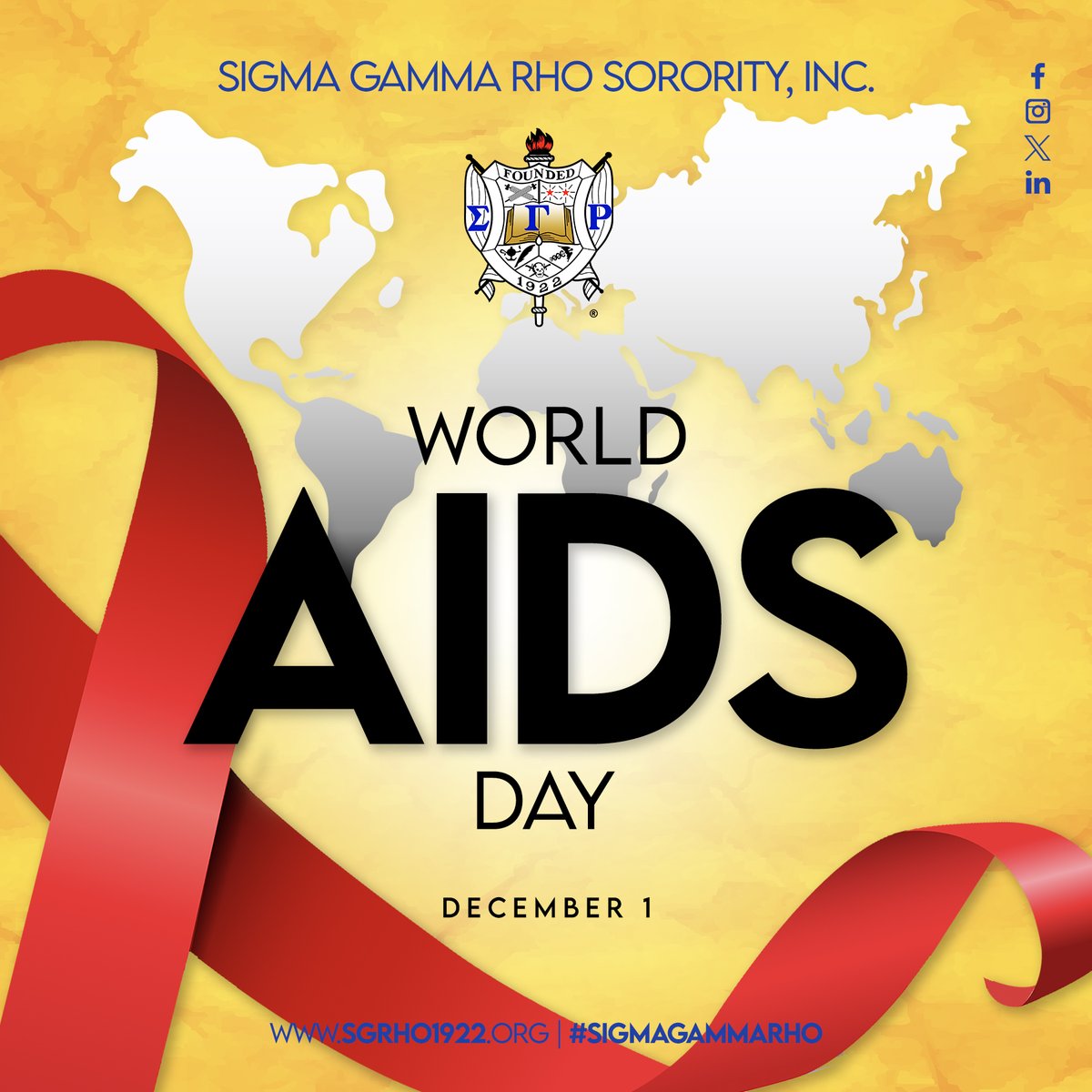 Sigma Gamma Rho Sorority, Incorporated joins the world in the Global Celebration of World Aids Day. This year marks the 35th commemoration of this day which raises awareness of HIV and AIDS along with celebrating the lives of those we have lost.

#SigmaGammaRho #WorldAidsDay