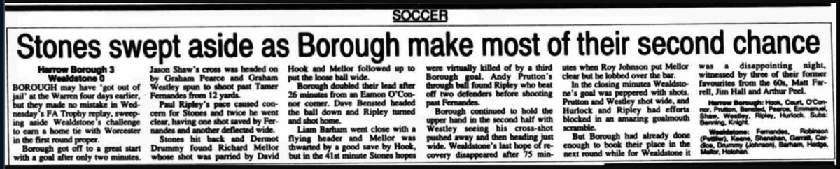 HBFCHistory's tweet photo. #OnThisDay 1993
FA Trophy 
Harrow Boro 3 @WealdstoneFC 0
Scorers; Graham Westley, Paul Ripley x 2. https://t.co/DgrW0OGAWp