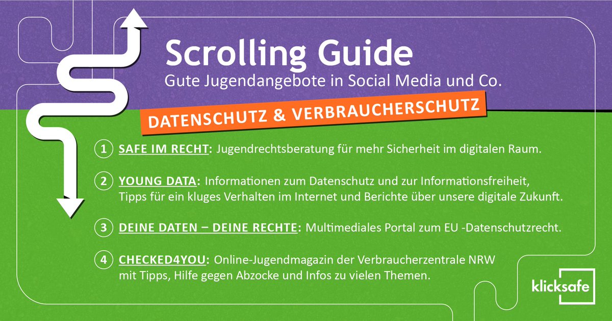 Wir unterstützt Euch dabei, Jugendliche beim selbstbestimmten Surfen zu unterstützen! Heute stellen wir Angebote vor, die Jugendlichen helfen ihre Daten besser zu schützen. #positivecontent #twlz ➡️youngdata.de ➡️@safeimrecht ➡️@DeineDaten ➡️checked4you.de