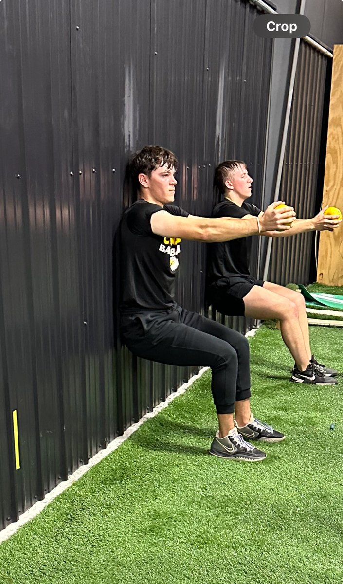 Scott Rienguette wins wall sit to failure with a 1 hr 43 min hold. Held a 2 pound ball the last 15 minutes. Perfect form. Also pulled down 100mph yesterday and has gained 12 pounds this winter. Nolan Freund was runner up. Nolan was our leading hitter this fall and is up 15 lbs