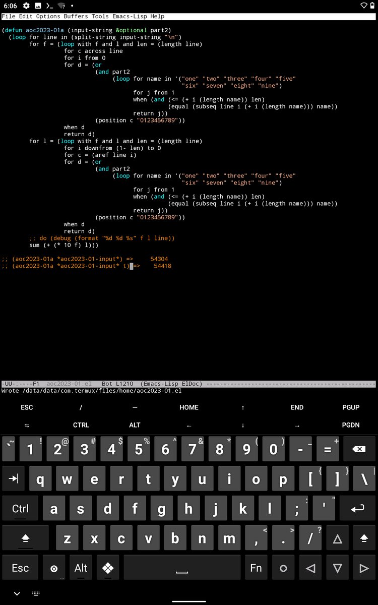 Screenshot of my solution to today's first Advent of Code puzzle (done under the covers in bed this morning on an Android tablet in termux emacs). #adventofcode