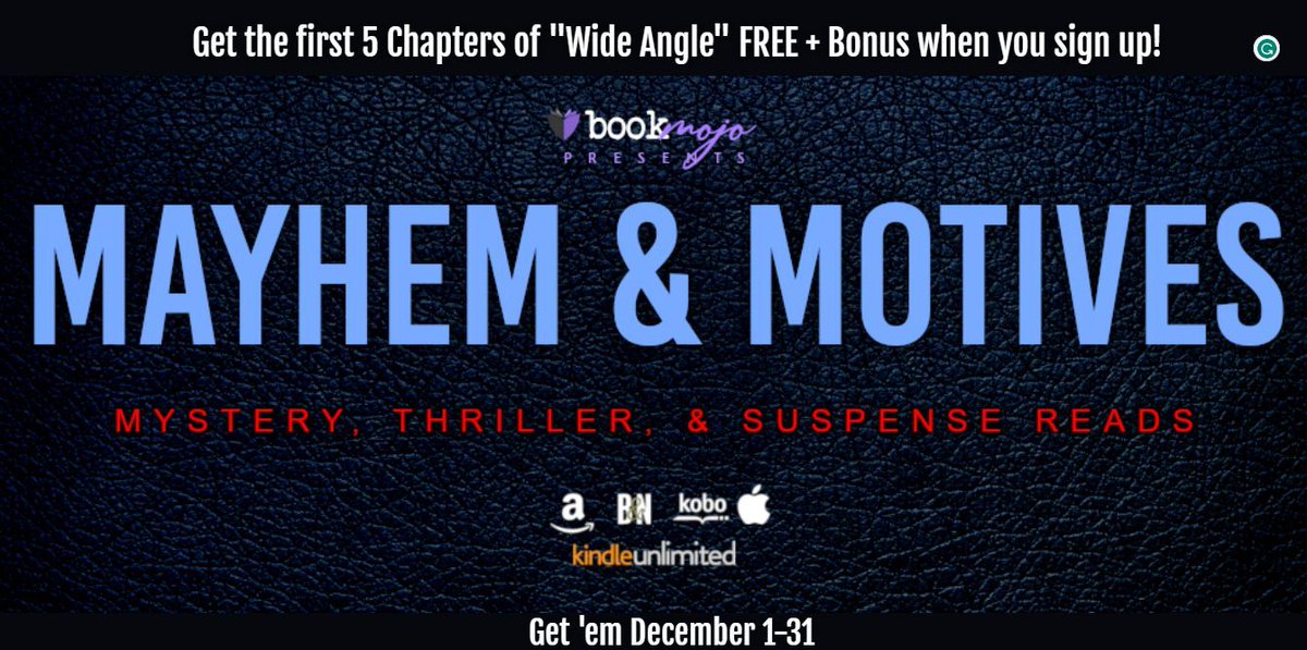 📚🎉 'Wide Angle' is part of the Mayhem & Motives promotion! Dive into this gripping psychological #suspense #thriller throughout December! Don't miss out on the intrigue and suspense. Get your copy today! #MayhemAndMotives #BookFunnel #BookMojo 🕵️‍♀️🔍  buff.ly/3N5UMRI