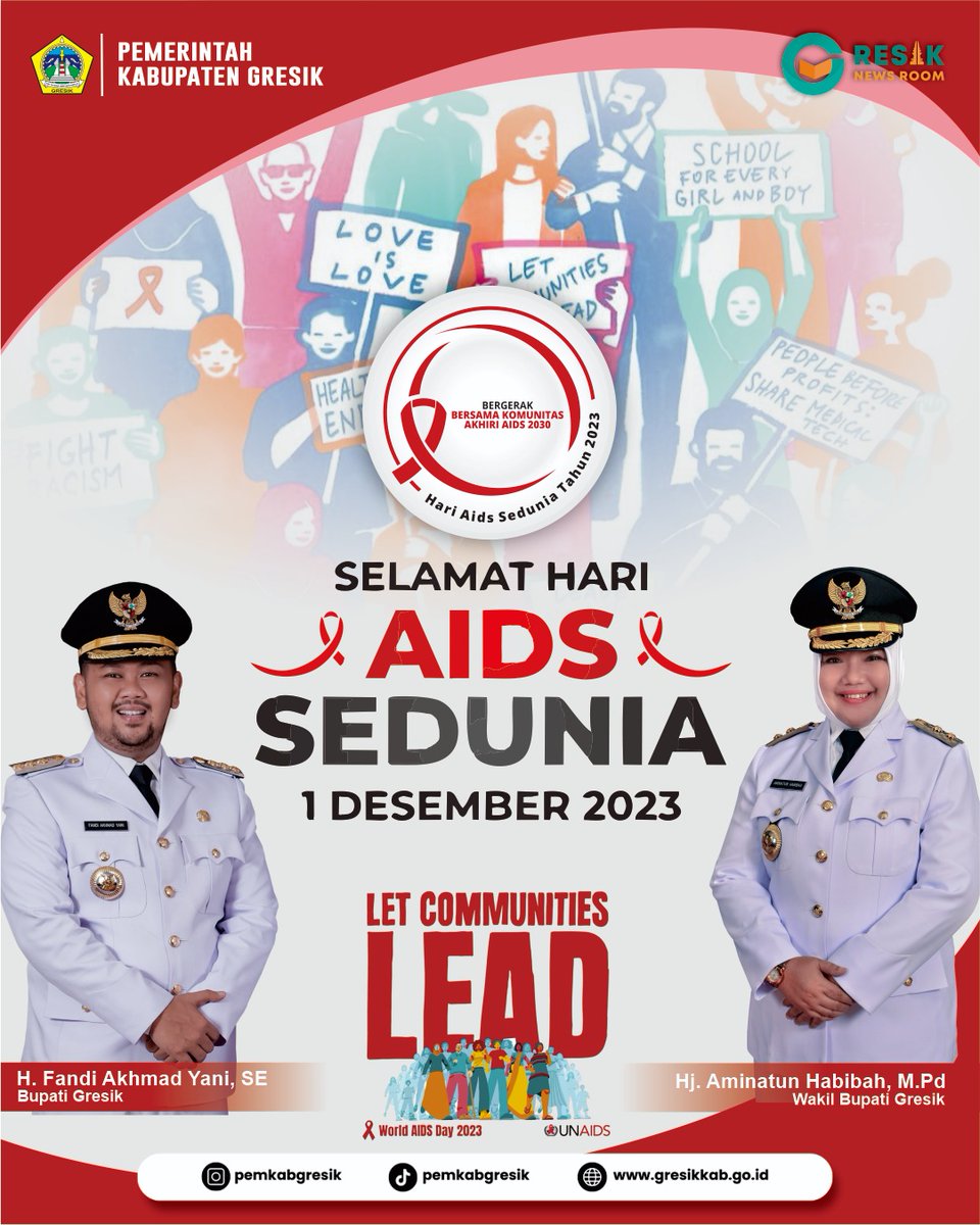 Hari AIDS Sedunia tahun 2023 juga akan menyoroti upaya untuk mengeluarkan seluruh potensi kepemimpinan masyarakat guna mengakhiri AIDS.

Pemerintah Kabupaten Gresik mengucapkan "Selamat Hari AIDS Sedunia"

"Let Communities Lead"