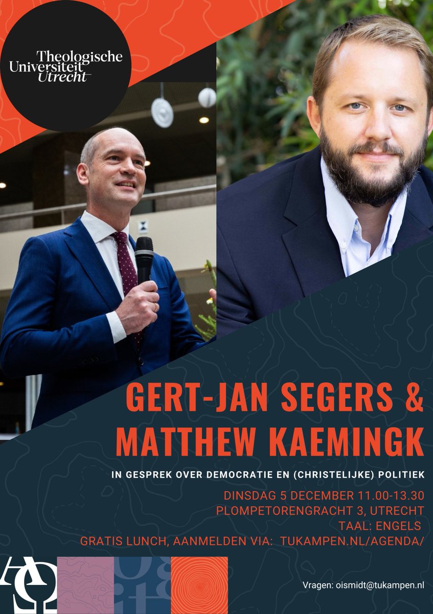 Christelijke politiek? En wat is de waarde van democratie? A.s. dinsdag gaan Gert-Jan Segers en Matthew Kaemingk hierover in gesprek op de TU Utrecht, aan de Plompetorengracht te Utrecht. Je kunt je nog aanmelden via bit.ly/3T9xCOn

Tot dinsdag!