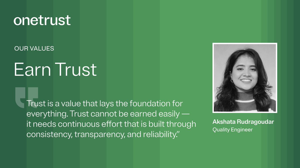 OneTrust's tweet photo. Every great company is built on a foundation of trust. At OneTrust, we strive to #EarnTrust in every interaction. Hear from OneTrust Quality Engineer Akshata Rudragoudar on what this value means to her. #OneTrustValues
https://t.co/hbGSMrV7VL https://t.co/uVyyVHCQi8
