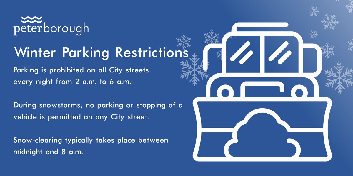 Winter parking restrictions are now in place to allow for safe, effective winter road maintenance. 

Parking is not allowed on any City streets from 2 a.m. to 6 a.m. 

Learn more: peterborough.ca/en/news/winter…