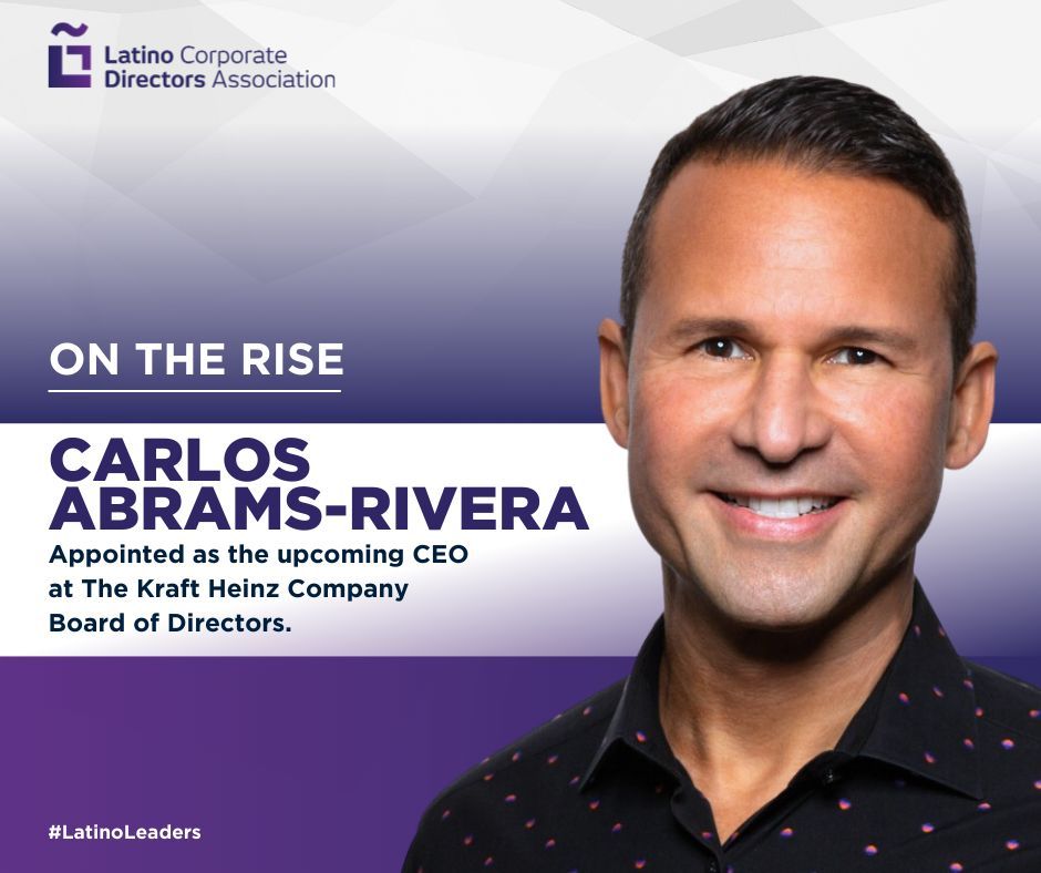 Congratulations to Carlos Abrams-Rivera for his appointment as upcoming CEO at #Fortune153 The Kraft Heinz Company (NASDAQ:KHC) Board of Directors. Carlos will join a growing list of Latinos who have led a US public company as CEO.

buff.ly/3T2Zofk #LCDAOnTheRise