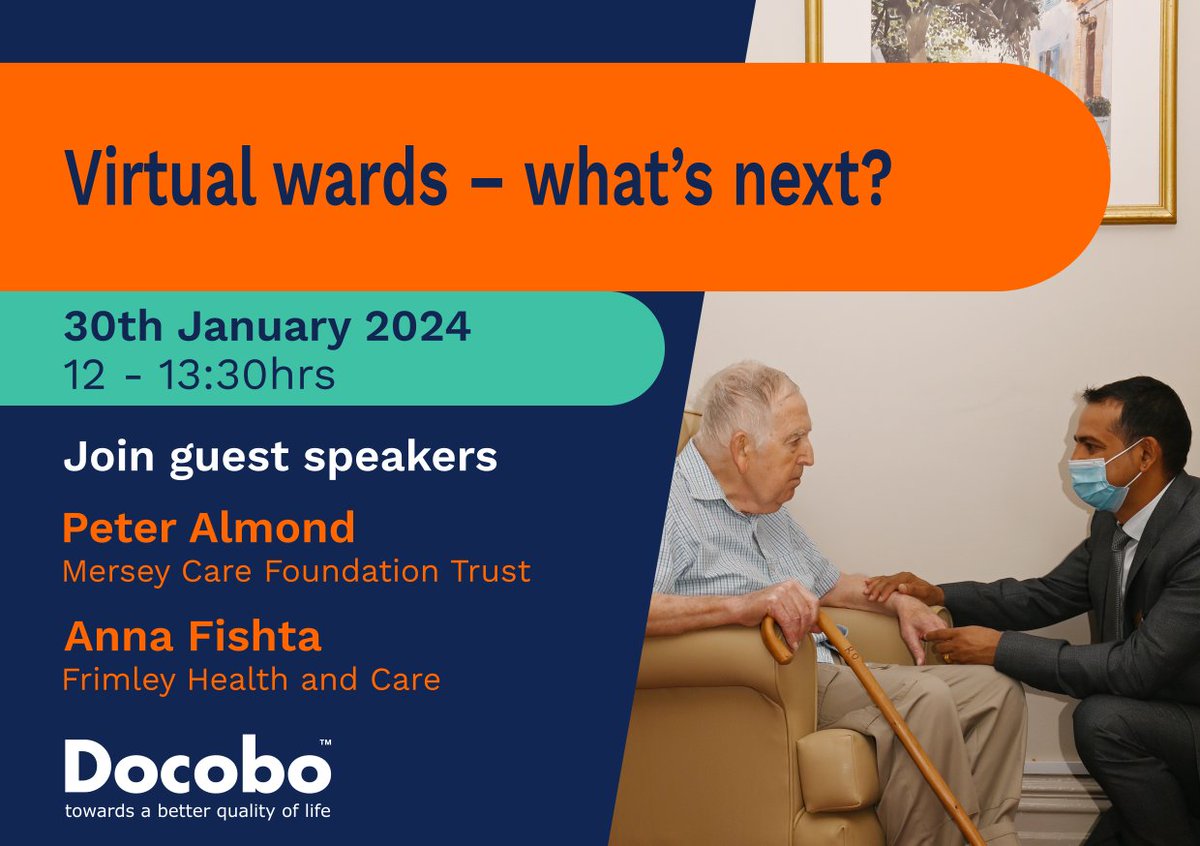 Delighted to announce the first of Docobo’s new #webinar series ‘Virtual wards – what’s next?’ on 30th January at 12.00 with guest speakers @fishta_ab @FrimleyHC & @PeterAlmond16 @Mersey_Care More details and sign up here: ow.ly/V1lz50QenzK #remotemonitoring #virtualcare