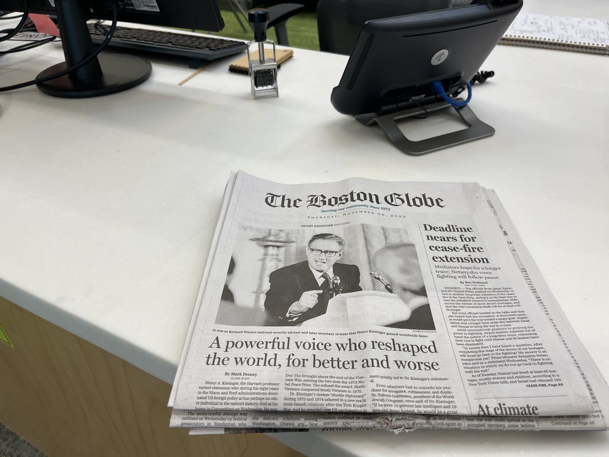 videostories's tweet photo. Student: “Is this an old newspaper?” Me: “No just #HenryKissinger in his prime, before color photos in papers.” Remember that was a thing when color came out say 20 years ago or so? How quickly that novelty was  replaced by online🤣! https://t.co/9mtKXYBpZW